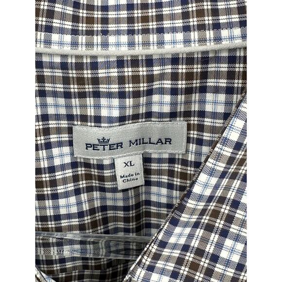 Peter Millar Shirt Mens XL Brown Navy Plaid Button Up Long Sleeves Casual Preppy - Picture 2 of 8